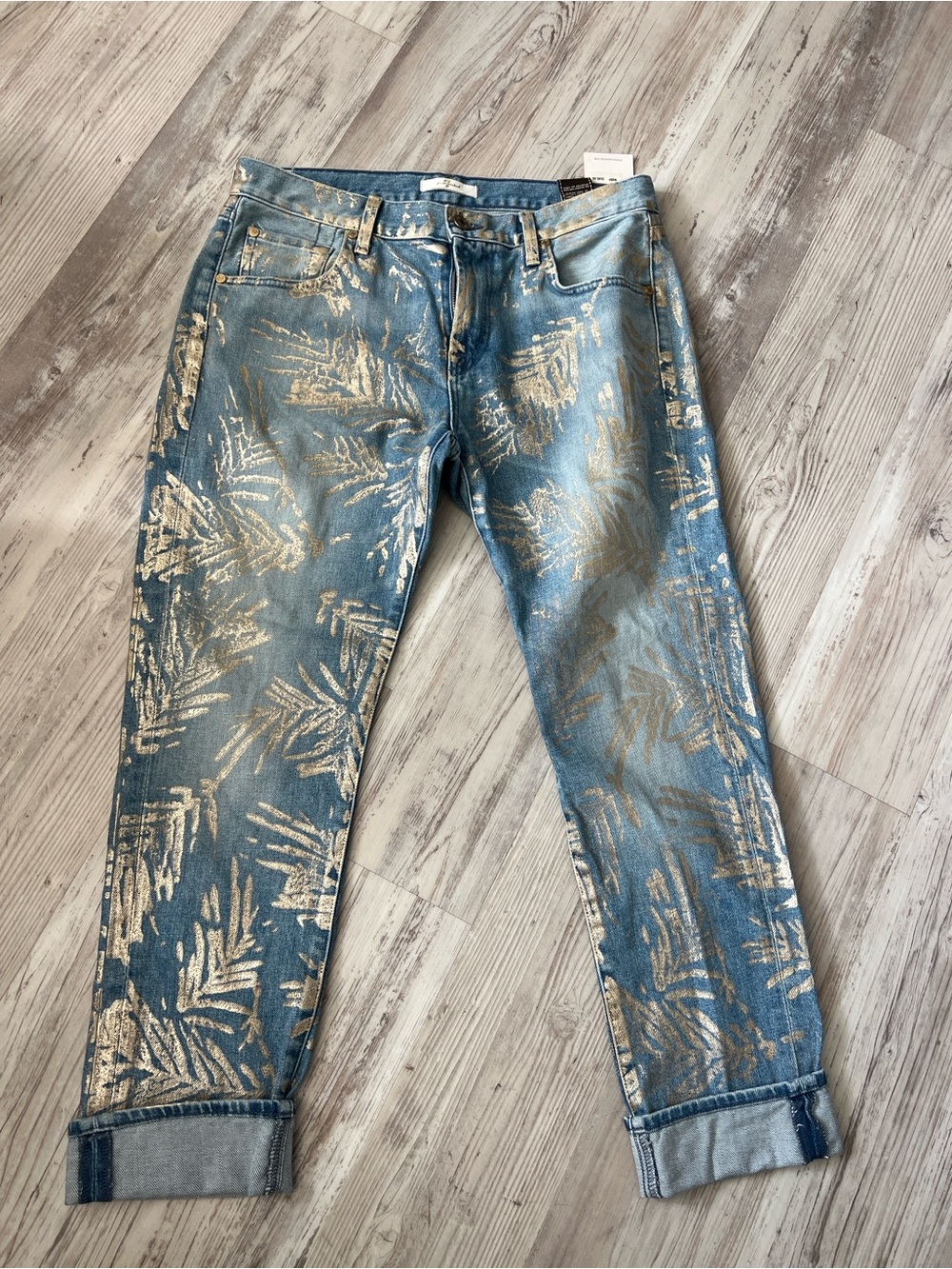 7ForAllMankind Blue Denim Jeans with Gold Metallic Leaf Print NWT SZ 28